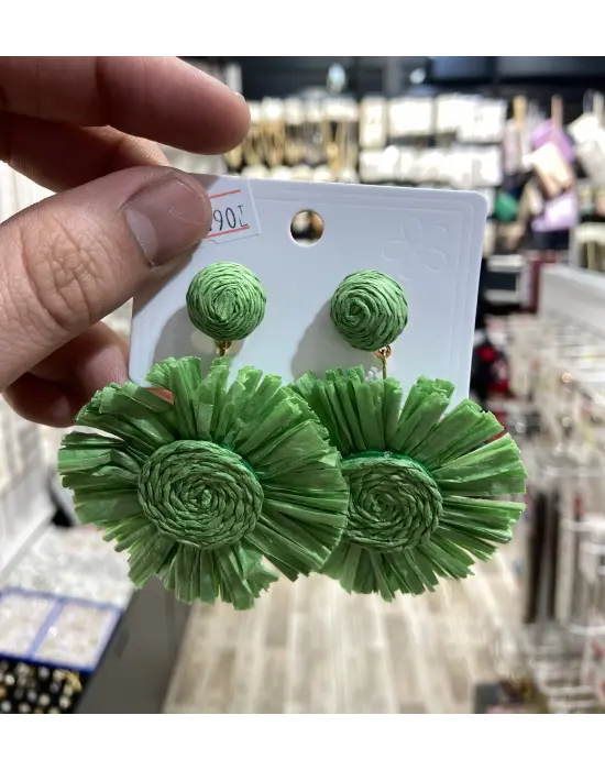 Yeşil Renk Hasır Küpe; Yazlık Model Çiçek & Yaprak Şeklinde