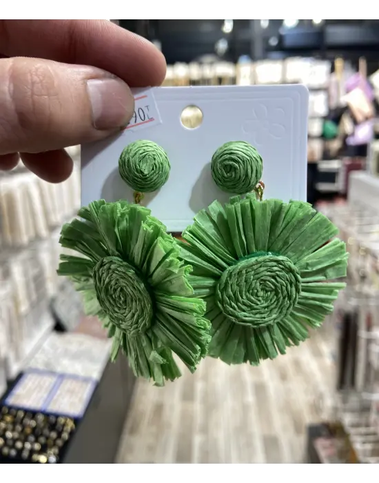 Yeşil Renk Hasır Küpe; Yazlık Model Çiçek & Yaprak Şeklinde