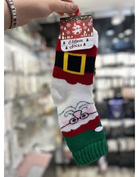 Noel Baba Figürlü Yılbaşı Çorabı Beyaz Kırmızı Yeşil Renkli Kalın Yetişkin