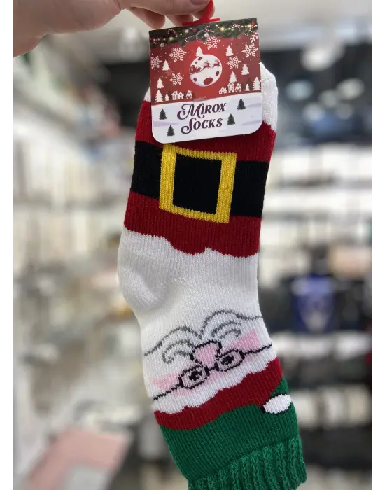 Noel Baba Figürlü Yılbaşı Çorabı Beyaz Kırmızı Yeşil Renkli Kalın Yetişkin