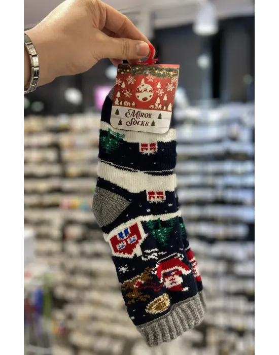 Kalın Üşütmez Siyah Beyaz Yeni yıl Yılbaşı Çorabı Kızaklı Geyik Figür