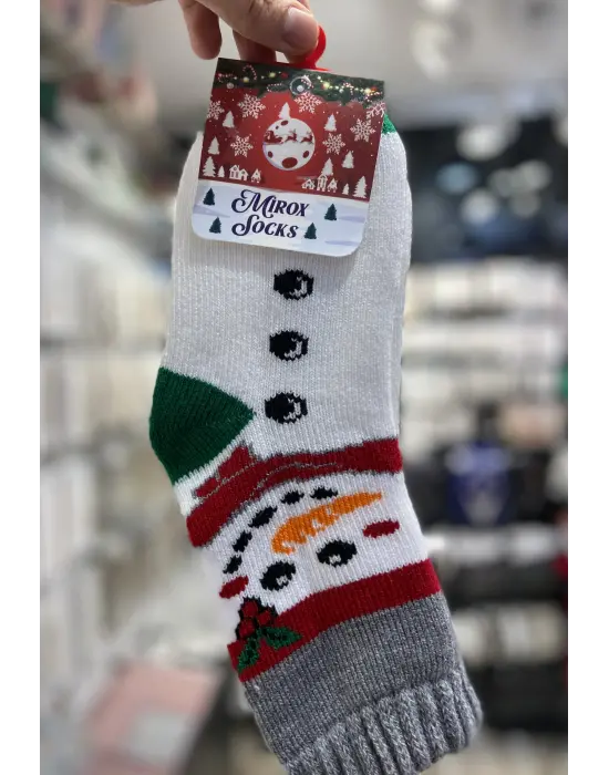 Düğmeli Beyaz Kardan Adam Baskılı Uzun Yılbaşı Çorabı