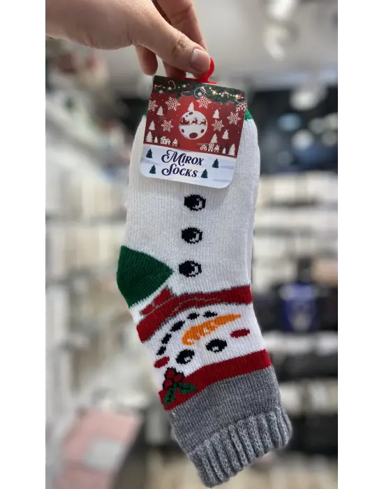 Düğmeli Beyaz Kardan Adam Baskılı Uzun Yılbaşı Çorabı