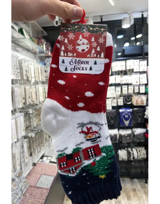 Ev Figürlü Yeni Yıl Çorabı Beyaz Kırmızı Mavi Renkli Noel