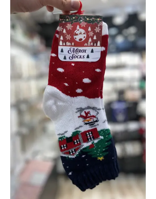 Ev Figürlü Yeni Yıl Çorabı Beyaz Kırmızı Mavi Renkli Noel