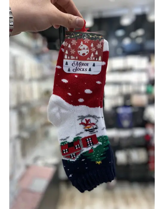 Ev Figürlü Yeni Yıl Çorabı Beyaz Kırmızı Mavi Renkli Noel