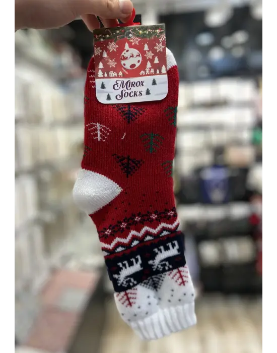 Geyikli Motifi Çam Ağacı Baskılı Kırmızı Beyaz Uzun Pamuklu Yılbaşı Çorabı