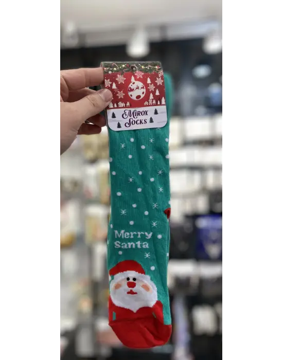 Merry Santa Yazılı Pamuklu Yılbaşı Noel Çorabı Turkuaz Renk