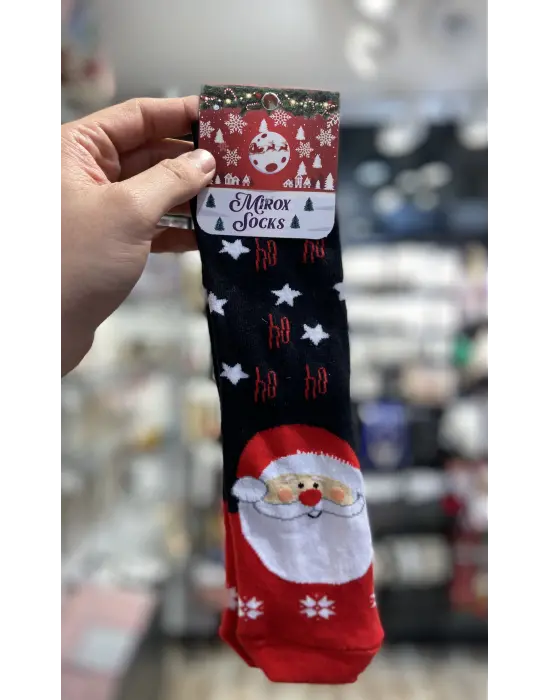 Siyah Renk Noel Baba Figür Kar Tane Detay Uzun Erkek Yılbaşı Çorap