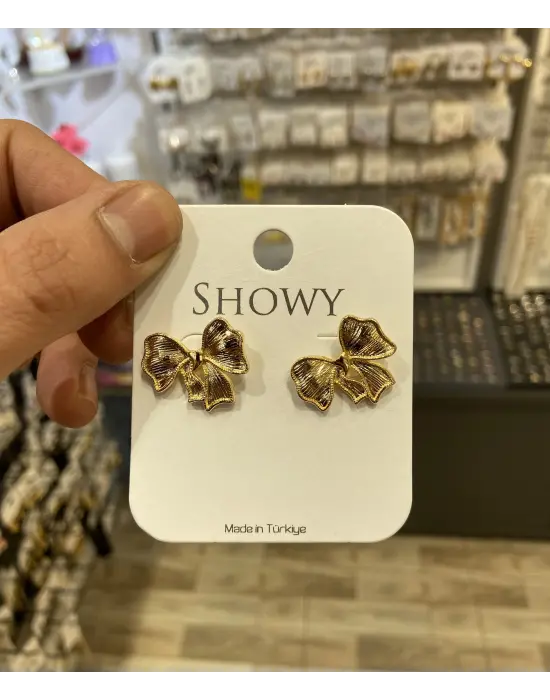 Kurdele Model Sarı Renk Kararmaz Fiyonk Kadın Küpesi