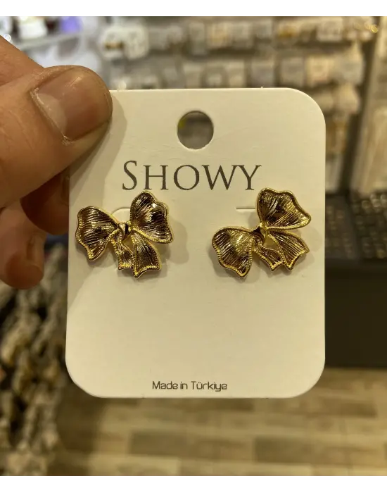 Kurdele Model Sarı Renk Kararmaz Fiyonk Kadın Küpesi