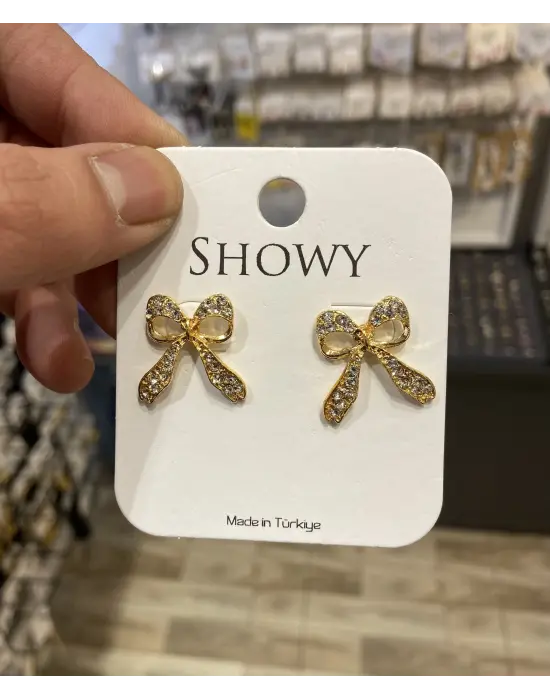 Sarı Renk Minik Minik Taşlı Kurdele & Fiyonk Küpe