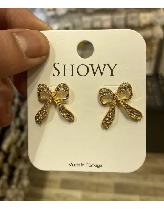 Sarı Renk Minik Minik Taşlı Kurdele & Fiyonk Küpe