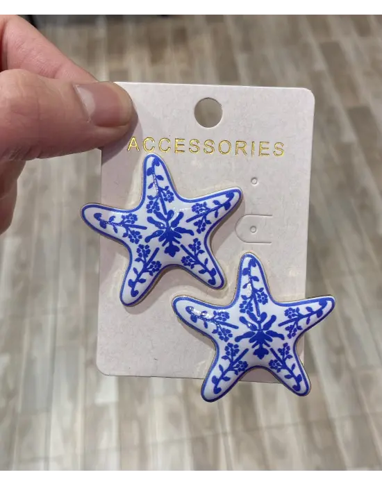Mavi Renk Büyük Boy Çiçek Desenli Deniz Yıldızı Küpe