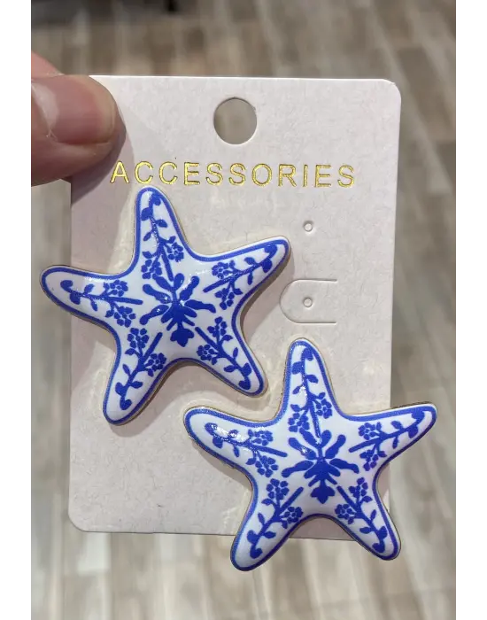 Mavi Renk Büyük Boy Çiçek Desenli Deniz Yıldızı Küpe