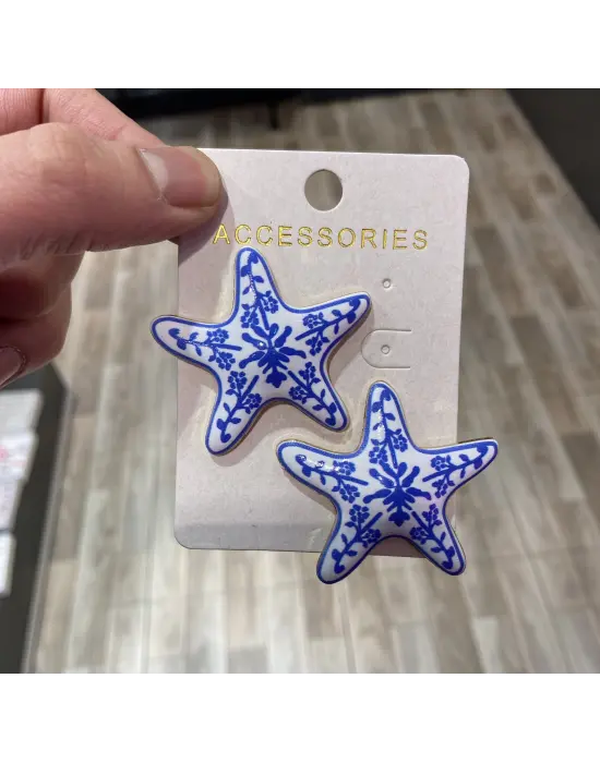 Mavi Renk Büyük Boy Çiçek Desenli Deniz Yıldızı Küpe