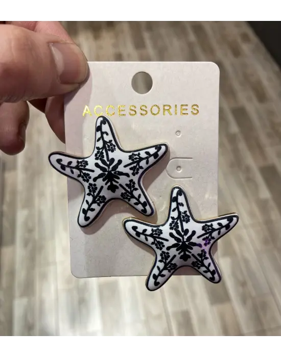 Siyah Desenli Mineli Renkli Deniz Yıldızlı Küpe