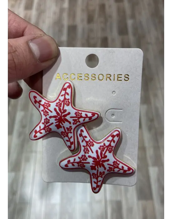 Kırmızı Çini Desenli Çin Figürlü Deniz Yıldız Modeli Küpe