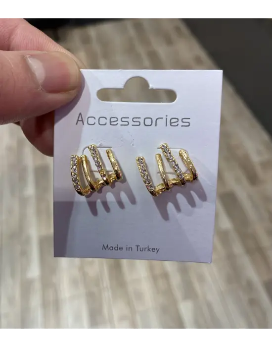 Üçlü Çoklu Görünümlü Küpe Altın Renkli Taşlı