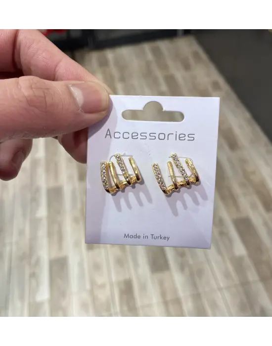 Üçlü Çoklu Görünümlü Küpe Altın Renkli Taşlı