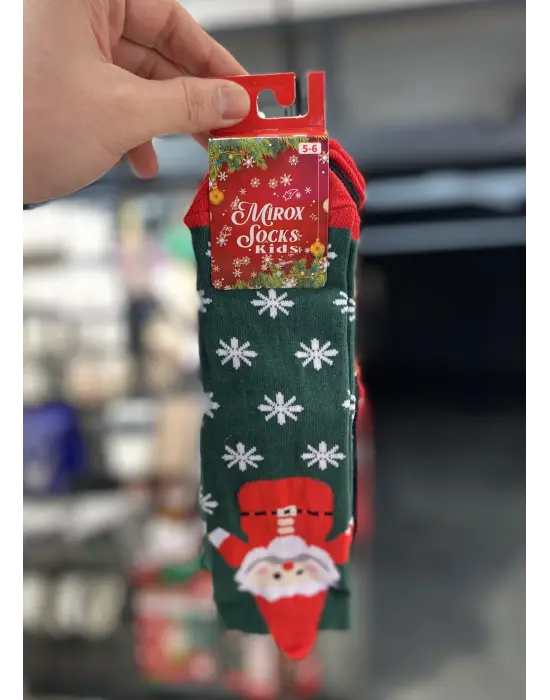3Lü Kız - Erkek Çocuk Yeni Yıl Çorabı | 4-5-6 Yaş Aralığı | Yeşil, Kırmızı, Kar Tanesi
