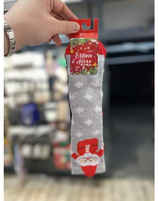 Yılbaşı Temalı Büyük Çocuk Çorabı | 9,10,11,12 Yaş | Gri, Siyah