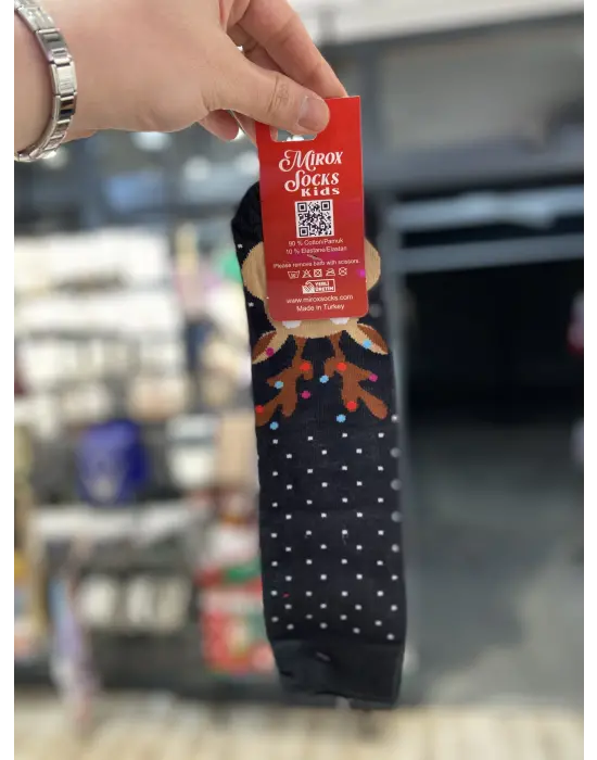 Yılbaşı Temalı Büyük Çocuk Çorabı | 9,10,11,12 Yaş | Gri, Siyah