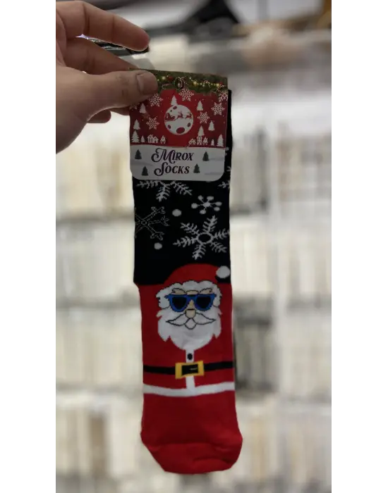 Gözlüklü Noel Baba Baskılı Yeşil - Kırmızı Renkli Penye Yolbaşı Çorap