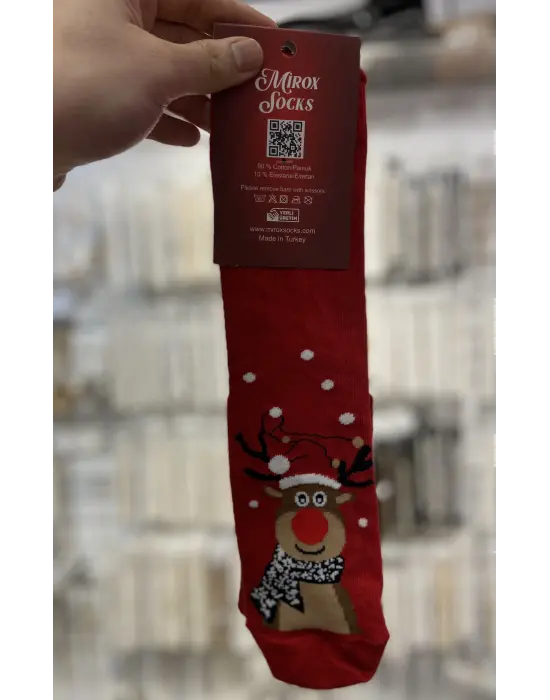 Yılbaşı Figürlü Pamuklu Uzun Yetişkin Çorap Kırmızı Renk