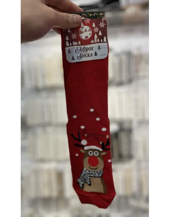 Yılbaşı Figürlü Pamuklu Uzun Yetişkin Çorap Kırmızı Renk