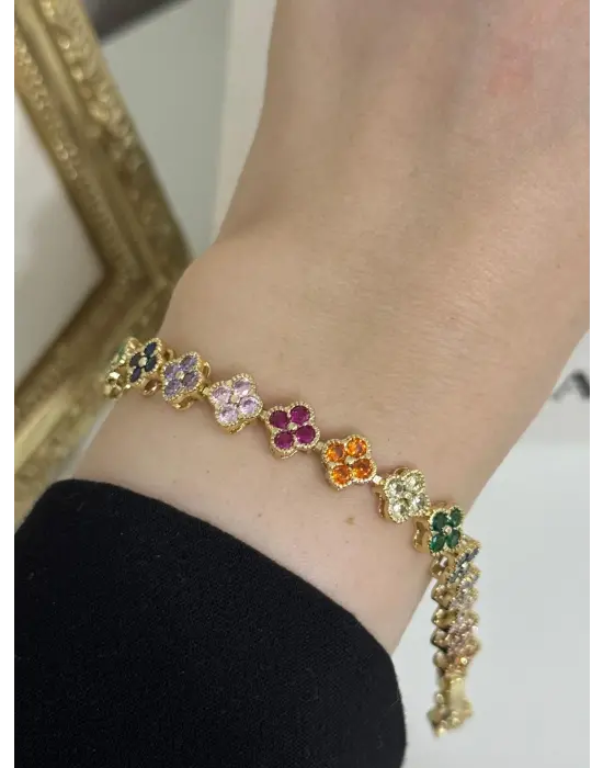 Rengarenk Yonca Motifli Zirkon Taşlı Vip Çelik Bileklik