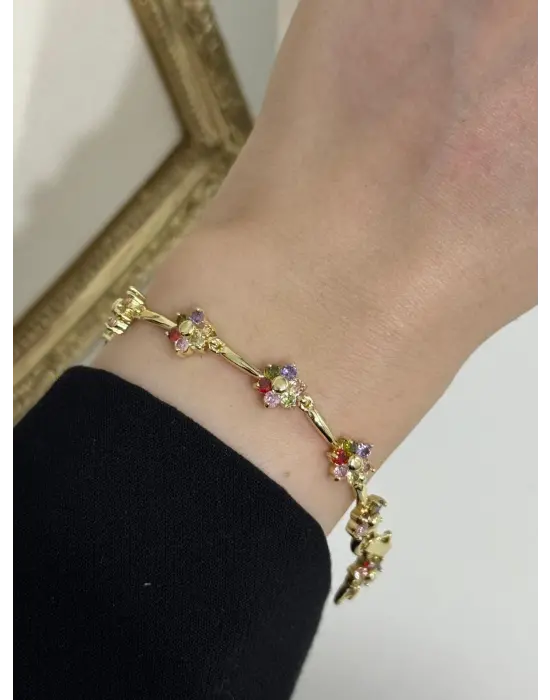 Renkli Renkli Taşlı Çiçek Figürlü Steel Kadın Bilekliği