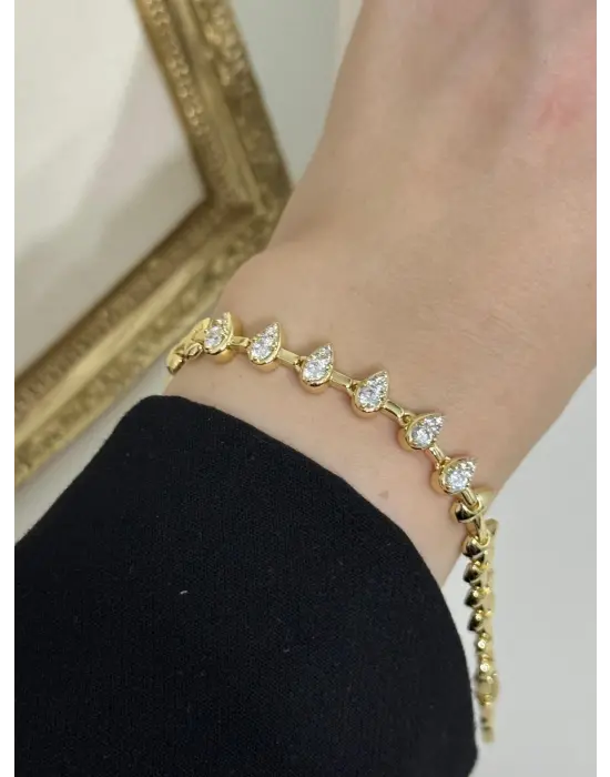 Damla Şeklinde Taşlı - Taşsız Abiyelik 14K Kaplama Çelik Kadın Bilekliği