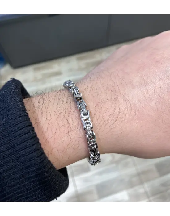 Orta Kalınlıkta Kral Zinciri Çelik Erkek Bileklik Gümüş Kaplama