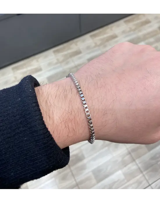 İnce Sık Zincirli Gümüş Kaplama Paslanmaz Çelik Bileklik Erkek