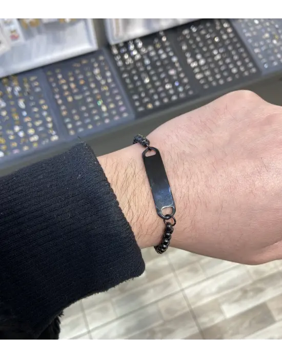 Siyah Zincir Erkek Bileklik: Plakalı İsim Yazılabilir