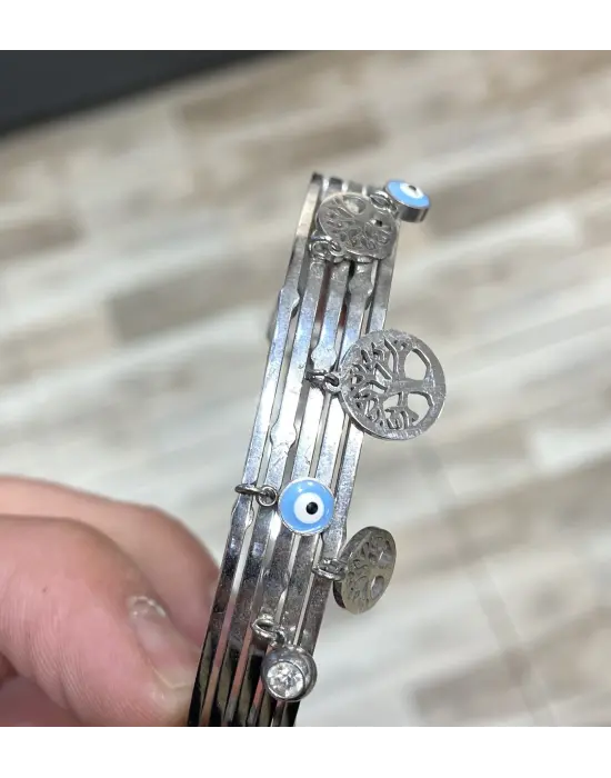 Kalın Gümüş Renk Kelepçe Bilezik: Hayat Ağacı & Yaşam Çiçeği & Nazar Boncuk