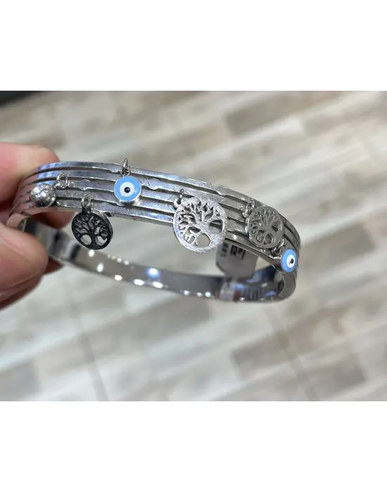 Kalın Gümüş Renk Kelepçe Bilezik: Hayat Ağacı & Yaşam Çiçeği & Nazar Boncuk