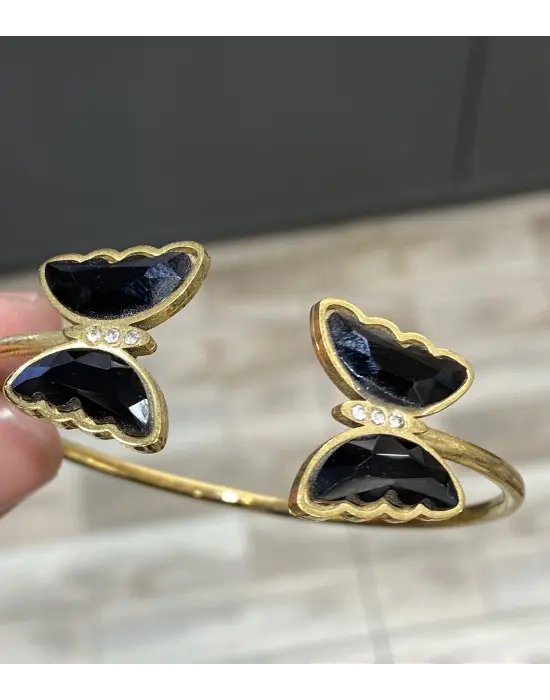 Siyah Taşlı Kelebek Figürlü Çelik Kelepçe Bilezik