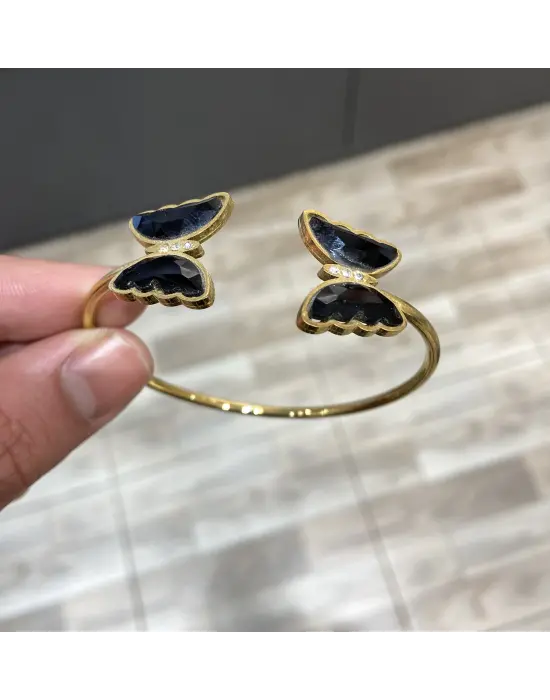 Siyah Taşlı Kelebek Figürlü Çelik Kelepçe Bilezik