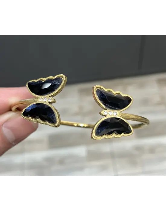 Siyah Taşlı Kelebek Figürlü Çelik Kelepçe Bilezik