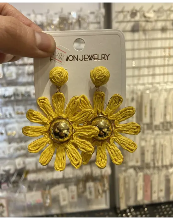 Hasır El Yapımı Sarı Papatya Çiçek Küpe