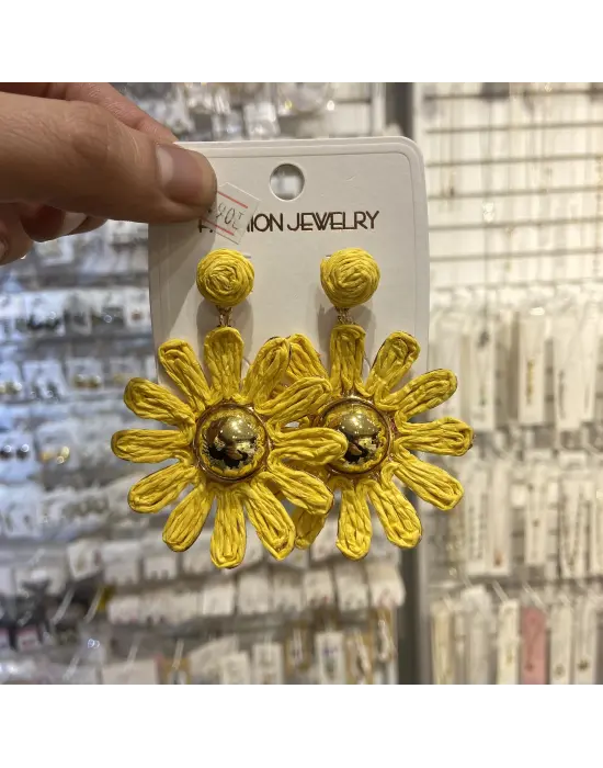 Hasır El Yapımı Sarı Papatya Çiçek Küpe