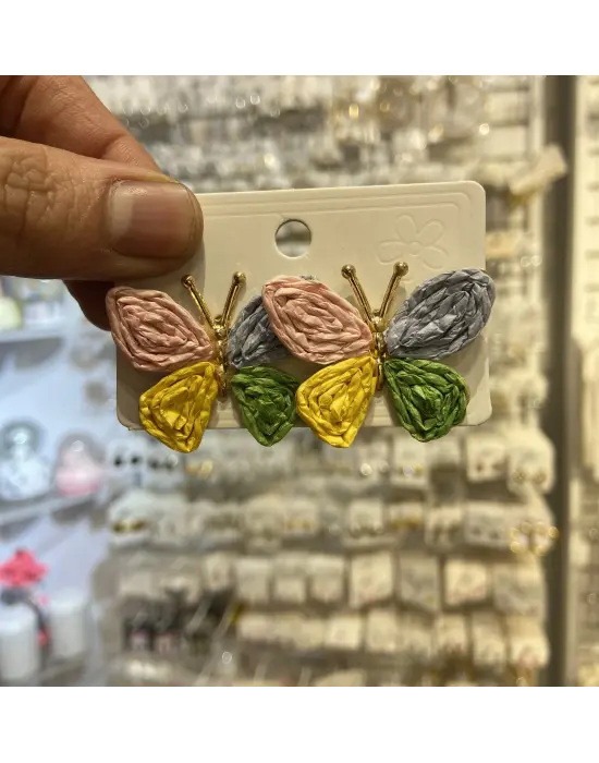 El Dokuma Örgü Hasır Renkli Kelebek Figürlü Küpe