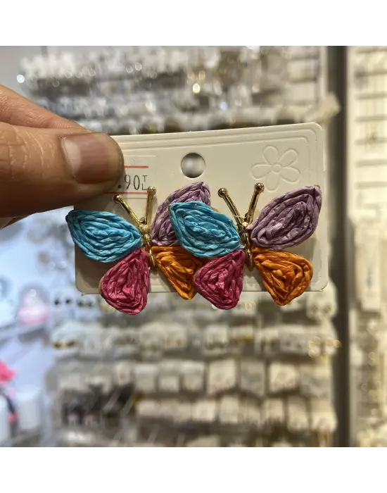 El Dokumalı Yazlık Kelebek Küpe - Mavi, Fuşya, Pembe Renkli