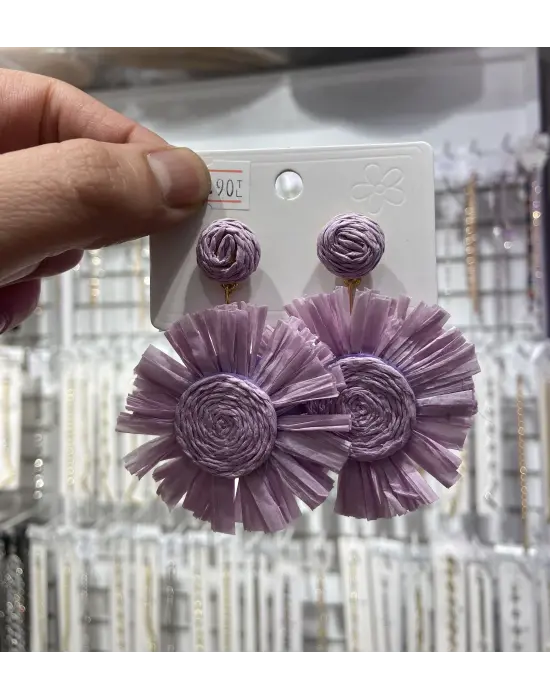 Fuşya Renkli Saman El Örgüsü Tatillik Çiçek Küpe