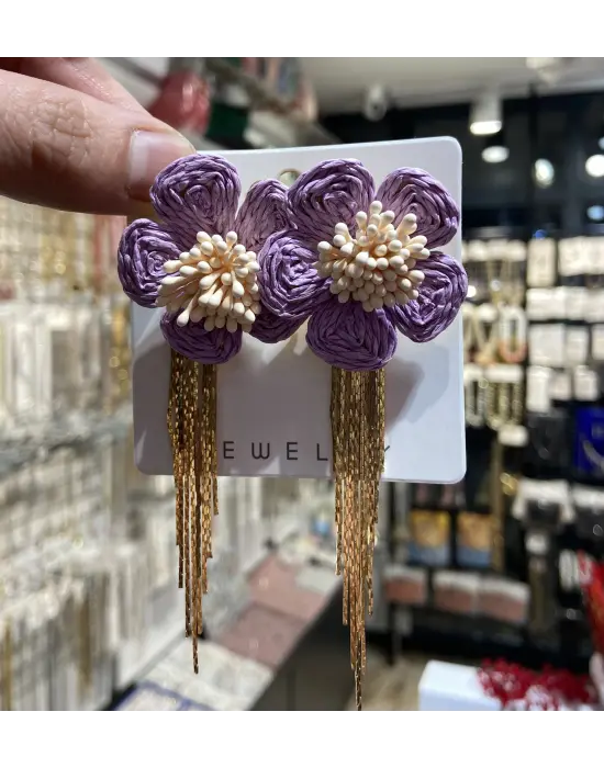 Fuşya Mor Renkli Altın Sallantı Saçaklı Yazlık Küpe Çiçek