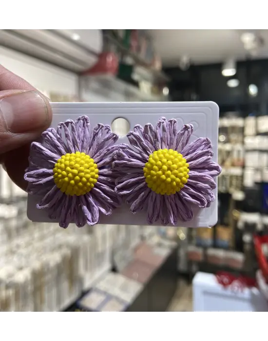 Pembe - Sarı Papatya Model Renkli Hasır Küpe