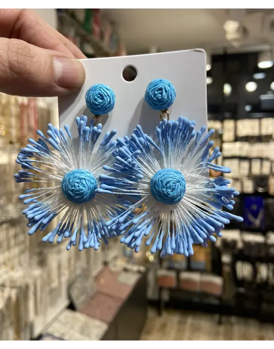 Elle Dokumalı Mavi Renk Bahar Tatilik Tasarım Küpe