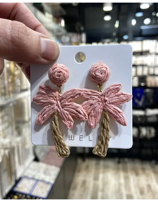 Pembe Renk Palmiye Ağacı Şeklinde Yaz Tatili Plajlık Küpe
